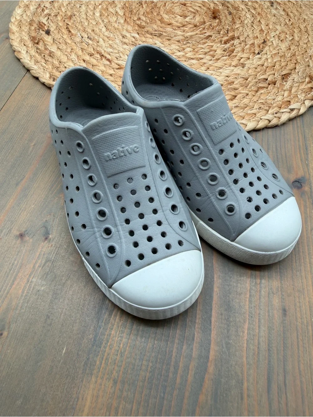 Native Gray Jefferson Slip-On Sneakers with White Toe Caps